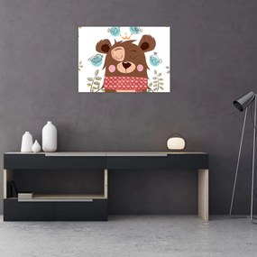 Tablou pe sticlă - Ursulețul cu păsărele (70x50 cm)