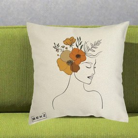 Perna Decorativa Portret Feminin Flori Galbene-Portocalii, 40x40 cm, Ecru, Husa Detasabila, Perna Inclusa, BEKZ®