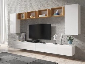 Mobilă pentru sufragerie Providence B153Alb lucios, Alb, Stejar auriu, Părți separate, Cu comodă tv, Cu componente suplimentare, PAL laminat, 300x43cm, 108 kg