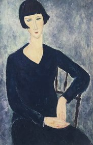 Modigliani, Amedeo - Artă imprimată Young woman with a fringe or young seated woman in blue dress, (26.7 x 40 cm)