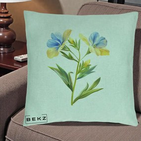 Perna Decorativa Botanica Frezie Galbena si Albastra, 40x40 cm, Verde Menta, Husa Detasabila, Perna Inclusa, BEKZ®