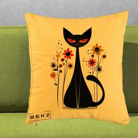 Perna Decorativa Pisica Neagra Ochi Rosii Flori, 40x40 cm, Galben, Husa Detasabila, Perna Inclusa, BEKZ®