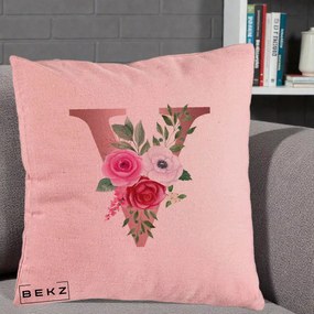 Cadou Personalizat - Perna Personalizata Monograma Rose Gold Litera V, 40x40 cm, Roz, Husa Detasabila, Perna Inclusa, BEKZ®