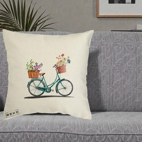 Perna Decorativa Bicicleta Florala Turcoaz Acuarela, 40x40 cm, Ecru, Husa Detasabila, Perna Inclusa, BEKZ®