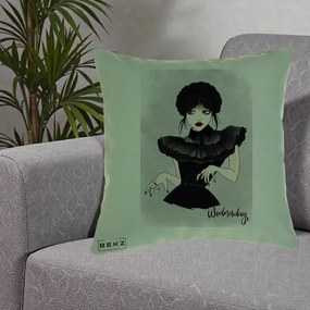 Perna Personalizata Wednesday Addams Portret Gotic, 40x40 cm, Verde, Husa Detasabila, Perna Inclusa, BEKZ®