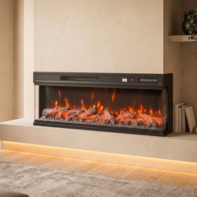 HOMCOM Șemineu Electric de Podea/Încastrabil, 3 Laturi, cu Telecomandă, 750/1500W, Efect Flacără 3D 12 Culori, 5 Niveluri de Luminozitate | Aosom Romania