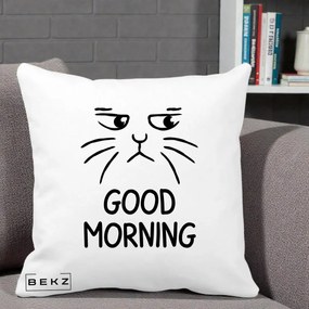 Perna Decorativa Pisica Morocanoasa Good Morning, 40x40 cm, Alba Mata, Husa Detasabila, Perna Inclusa, BEKZ®