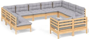 vidaXL Set mobilier grădină cu perne, 11 piese, gri, lemn masiv pin