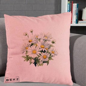 Perna Decorativa Buchet Margarete Albe Acuarela, 40x40 cm, Roz, Husa Detasabila, Perna Inclusa, BEKZ®
