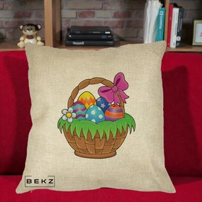 Perna Decorativa Cos cu Oua de Pasti Colorat, 40x40 cm, Crem, Husa Detasabila, Perna Inclusa, BEKZ®