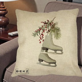 Perna Decorativa Patine cu Ramuri de Brad si Afine, 40x40 cm, Crem, Husa Detasabila, Perna Inclusa, BEKZ®
