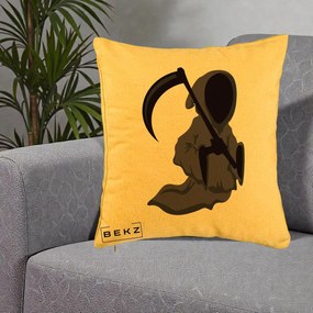 Perna Decorativa Moartea cu Coasa Grim Reaper Halloween, 40x40 cm, Galben, Husa Detasabila, Perna Inclusa, BEKZ®