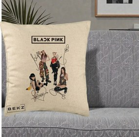 Perna Personalizata K-pop BLACKPINK Fotografie Grup Autografe Toate Membre, 40x40 cm, Bej, Husa Detasabila, Perna Inclusa, BEKZ®