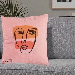 Perna Decorativa Portret Abstract Line Art Portocaliu, 40x40 cm, Roz, Husa Detasabila, Perna Inclusa, BEKZ®
