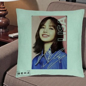 Perna Personalizata K-pop BLACKPINK Lisa cu Semnatura, 40x40 cm, Verde Menta, Husa Detasabila, Perna Inclusa, BEKZ®