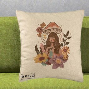 Perna Decorativa Fata Ciuperca Boho Florala, 40x40 cm, Bej, Husa Detasabila, Perna Inclusa, BEKZ®