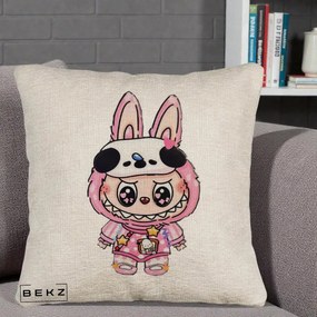 Perna Personalizata Labubu Panda-Bunny Roz, 40x40 cm, Bej Canapea, Husa Detasabila, Perna Inclusa, BEKZ®