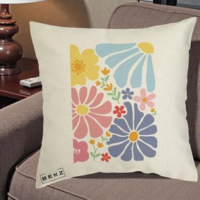 Perna Decorativa Flori Grafice Pastel Multicolor, 40x40 cm, Ecru, Husa Detasabila, Perna Inclusa, BEKZ®