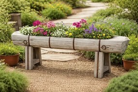 Jardinieră mare de exterior din lemn reciclat și metal, stil rustic, pentru grădină și terasă, „Tahiti”