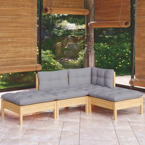 Set mobilier gradina cu perne gri, 4 piese, lemn masiv pin Maro  si gri, 1