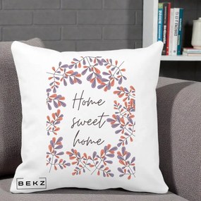 Perna Decorativa Home Sweet Home Frunze Colorate, 40x40 cm, Alba Mata, Husa Detasabila, Perna Inclusa, BEKZ®