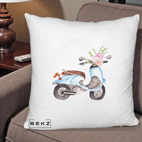 Perna Decorativa Scuter Albastru cu Flori Acuarela, 40x40 cm, Alb Pufos, Husa Detasabila, Perna Inclusa, BEKZ®