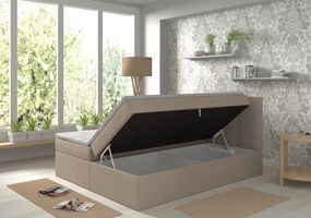 Pat tapițat EMBER 160x200 cm, cu saltele și topper incluse, cu spațiu de depozitare, bej