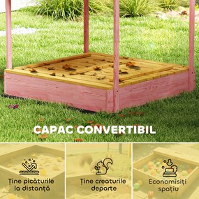 AIYAPLAY Ladă de Nisip pentru Copii 3-6 Ani cu Acoperiș cu Flamingo, Scaune Pliabile, Capac și Husă Incluse, Ladă de Joacă din Lemn de Brad, 134,5x127,5x130 cm, Roz | Aosom Romania