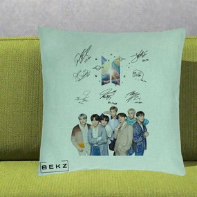 Perna Personalizata K-pop BTS Autografe Toti Membrii Fotografie, 40x40 cm, Verde Menta, Husa Detasabila, Perna Inclusa, BEKZ®