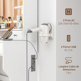 HOMCOM Masă de Toaletă cu Oglindă Iluminată LED, Masă de Machiaj cu Stație de Încărcare, 4 sertare și rafturi de depozitare, 90x45x160 cm, Alb