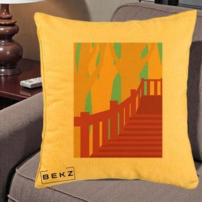 Perna Decorativa Scari Toamna Peisaj Grafic, 40x40 cm, Galben, Husa Detasabila, Perna Inclusa, BEKZ®