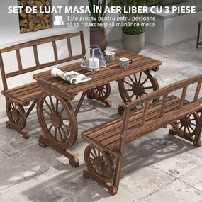 Outsunny Set de mobilier de terasa din 3 piese, pentru exterior, Set din lemn pentru gradina cu doua scaune, Carbonizat | Aosom Romania