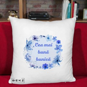 Cadou pentru Bunica - Perna Personalizata Cea Mai Buna Bunica Coronita Flori Albastre Acuarela, 40x40 cm, Alb Pufos, Husa Detasabila, Perna Inclusa, BEKZ®