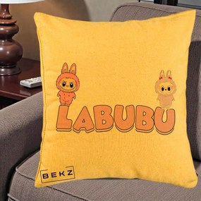 Perna Personalizata Labubu Duo Roz-Lila cu Text, 40x40 cm, Galben, Husa Detasabila, Perna Inclusa, BEKZ®
