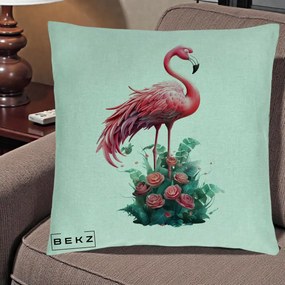Perna Decorativa Flamingo cu Trandafiri Tropicali, 40x40 cm, Verde Menta, Husa Detasabila, Perna Inclusa, BEKZ®