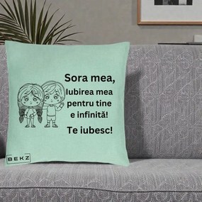 Cadou pentru Sora - Perna Personalizata Sora Mea Te Iubesc Copii Anime Line Art, 40x40 cm, Verde Menta, Husa Detasabila, Perna Inclusa, BEKZ®