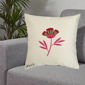 Perna Decorativa Floare Macul Roz-Rosu Grafic, 40x40 cm, Ecru, Husa Detasabila, Perna Inclusa, BEKZ®