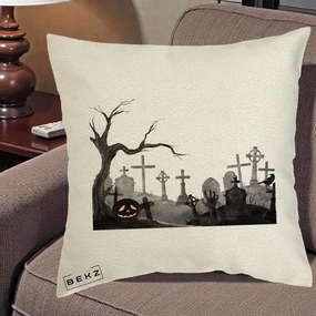 Perna Decorativa Halloween Cimitir Acuarela cu Dovleac, 40x40 cm, Ecru, Husa Detasabila, Perna Inclusa, BEKZ®