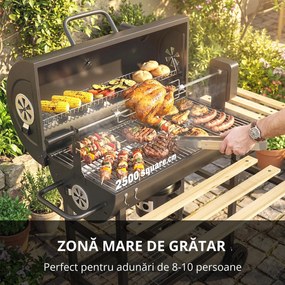 Outsunny Grătar pe cărbuni cu căruț de gătit, etajere pliabile, termometru, roți, rotisor electric, negru | Aosom Romania