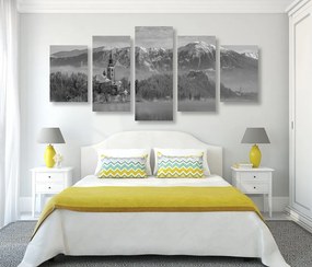 Tablou 5-piese biserica lângă lacul Bled din Slovenia în design alb-negru