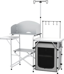 Outsunny Bucătărie de camping, pliabilă, 3 blaturi, paravan împotriva vântului, dulap textil, 144x48x119cm, argintiu | Aosom Romania