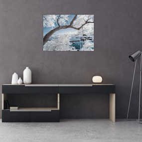 Tablou pe sticlă cu copac înzăpezit lângă apă (70x50 cm)