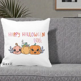 Perna Decorativa Happy Halloween Boo Trei Dovlecei Kawaii, 40x40 cm, Alba Mata, Husa Detasabila, Perna Inclusa, BEKZ®