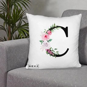 Cadou Personalizat - Perna Personalizata Monograma Florala Litera C, 40x40 cm, Alb Pufos, Husa Detasabila, Perna Inclusa, BEKZ®