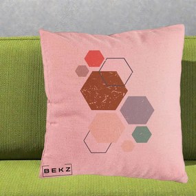 Perna Decorativa Geometric Hexagoane Multicolor, 40x40 cm, Roz, Husa Detasabila, Perna Inclusa, BEKZ®