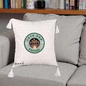 Perna Personalizata Cats and Coffee Starbucks, 40x40 cm, Bej cu Franjuri, Husa Detasabila, Perna Inclusa, BEKZ®