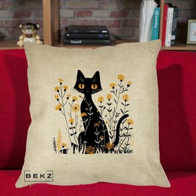 Perna Decorativa Pisica Neagra Ochi Galbeni Flori Galbene, 40x40 cm, Crem, Husa Detasabila, Perna Inclusa, BEKZ®