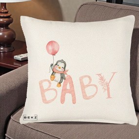 Perna Personalizata Baby Pinguin Roz, 40x40 cm, Crem Reliefat, Husa Detasabila, Perna Inclusa, BEKZ®