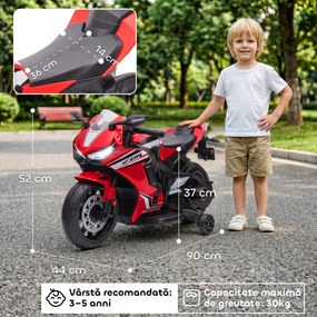 HOMCOM Motocicleta Electrică Copii 6V pentru Copii 3-5 Ani - 30 kg, 3 km/h, Roți și Muzică, 90x44x52 cm, Roșie | Aosom Romania