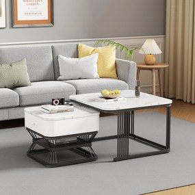 Set masă de cafea, 2 piese, set masă pentru living cu 1 sertar, 70x70x45 cm/50x50x40 cm, Alb+Negru